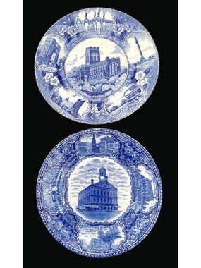 Vintage Blue & White Transferware Plates Featuring Faneuil Hall & West Point
